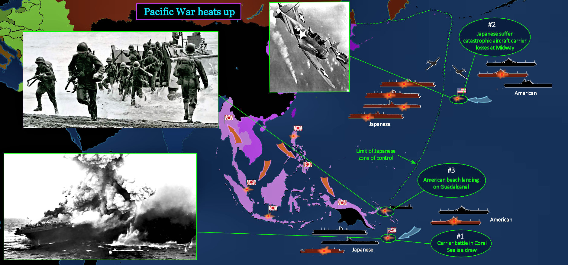 Midway, Guadalcanal, Coral Sea, 1942 map